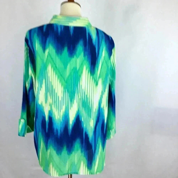 Alia Sheer Gingham Tye Die Button Down Top Shirt Blue Green Yellow Zigzag 16 - Picture 5 of 12